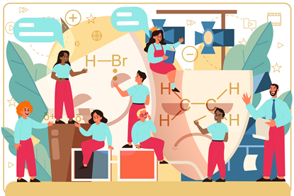 A cartoon of students using drama to express organic chemistry processes