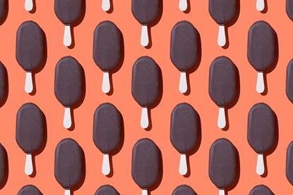 An image showing repeating chocolate ice cream bars on sticks against an orange background