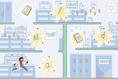 A cartoon of a school student in a school lab as a platform video game with chemistry skills to collect as they progress through the level