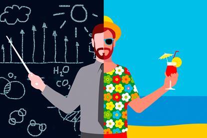 A split image of a teacher at a blackboard in a suit and on a beach in a flowery shirtwith a cocktail