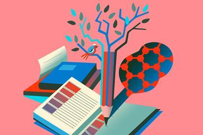 An illustration of a pencil taking notes growing into a tree with graphene in its shadow