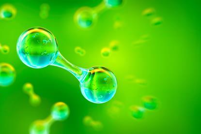 Picture of a hydrogen H2 gas molecule on a green background