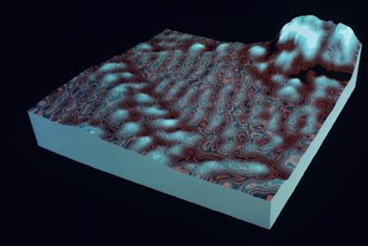 A digital image created using a scanning tunnelling microscope, representing atomic level objects as raised areas and patterns on a surface