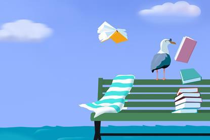 An illustration of a seagull in glasses on a seaside bench reading books as they fly away