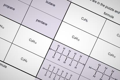 A screenshot showing a completed gridlock puzzle, with a grid containing the names and formulas of four alkanes