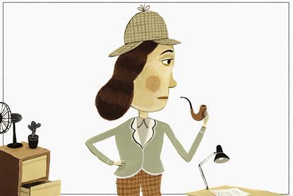An illustration of a woman dressed as Sherlock homes in an office