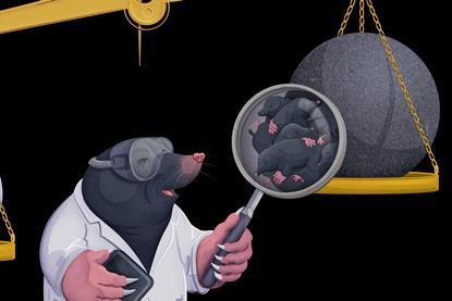 A mole scientist looking at a large number of tiny moles in a magnifying glass