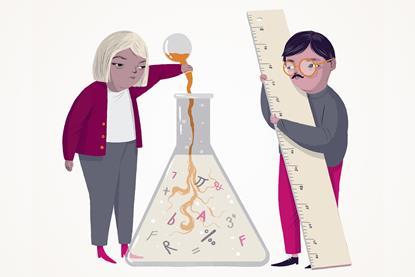 A cartoon of two people with a giant conical flask and a giant ruler