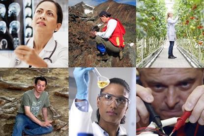 Six pictures of various scientists carrying out their job roles