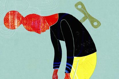 An illustration of a woman bent over tired with a clockwork key in her back