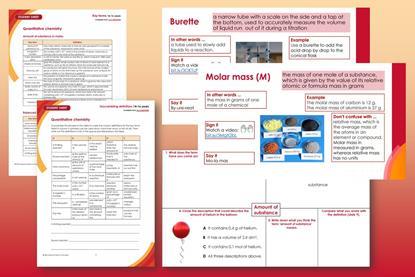 Examples of the resources that make up the key terms support packs: a key terms list, an accessible glossary slide; a Frayer model slide and an Unscrambling definitions worksheet