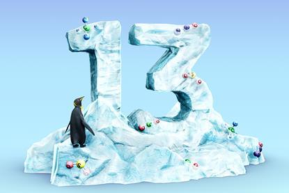 A digital illustration of the number 13 as iceberg with a penguin and molecular structures as coloured balls