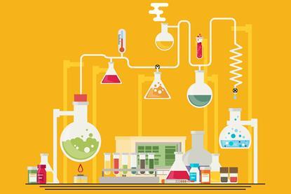 An illustration: yellow background, workbench with colourful practical chemistry equipment such as test tubes, flasks and clamps