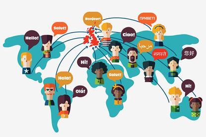 A cartoon showing people from around the world saying hello in their native languages and heading to the UK.