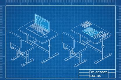 A blueprint of two desks used for an exam - one has a laptop for a digital exam and one has a paper based exam