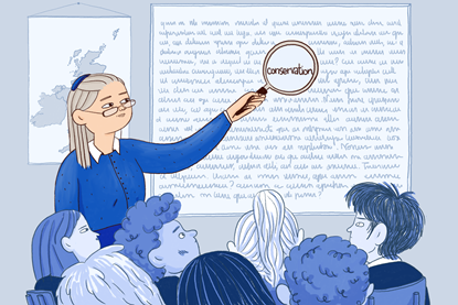 An image showing a female teacher pointing at a whiteboard and using a magnifying glass to highlight the word "conservation" to the class