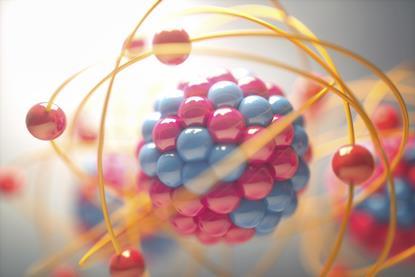 A 3D illustration of the structure of an atomic, showing a nucleus of neutrons and protons surrounded by orbiting electrons