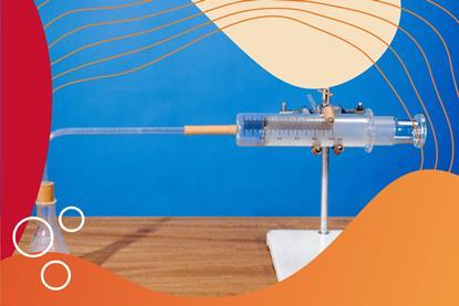 Gas syringe collecting gas from a sealed flask via a delivery tube with red-orange graphic surround