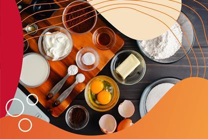 Ingredients for a recipe measured out and ready to add with red-orange graphic surround