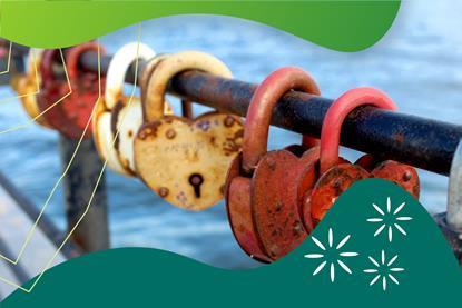A row of heart shaped padlocks rusting in the open air with green graphic surround