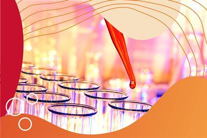 Close up of test tubes being filled with a pipette with red-orange graphic surround