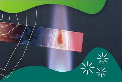 A copper strip is heated in a Bunsen burner flame with green graphic surround