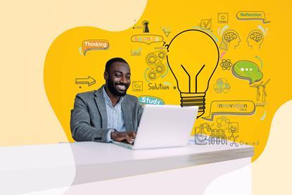 A man sits at a table using a laptop and smiling against a plain yellow background. To his right are a number of illustrations, including a lightbulb, cogs turning, chemical apparatus, and several words, including "learning", "study" and "thinking"