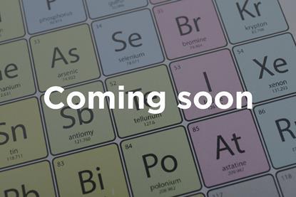 A close-up of part of the periodic table, with superimposed text reading "Coming soon"