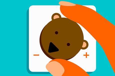 A close up of someone turning down a dial of a bear's face