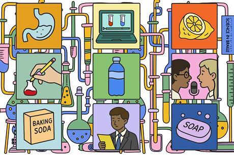 A cartoon showing students using different techniques to learn about acids and alkalis including watching a video, drawing a cartoon, making a podcast and writing a poem
