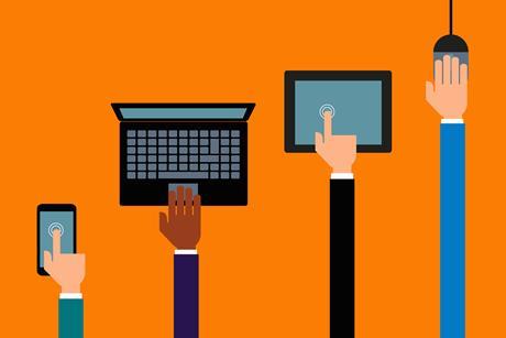 An image showing an orange background with four digital devices, each with a hand on it, illustrating the concept of communication hands on devices