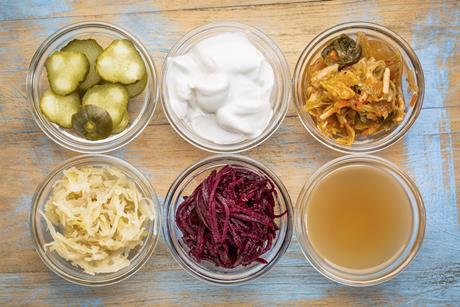 Small bowls of different fermented foods - gherkins, sour cream, kimchi, kombucha, saurkraut