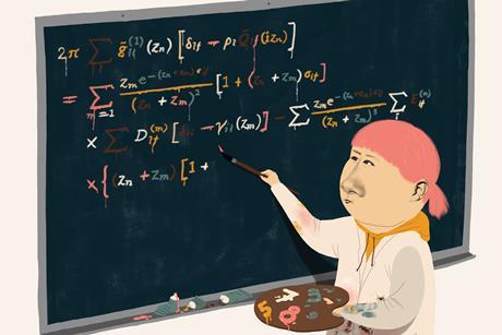 A cartoon of a student wearing a lab coat using an artist's paintbrush and easel to solve a mathematical equation on a black board