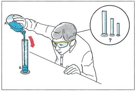 A boy pours liquid into a large measuring cylinder while considering which size cylinder would be best