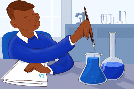 An image showing a male student dipping his pen into a conical flask containing ink