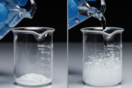 A series of photos showing a latex gloved hand pouring a colourless liquid onto a white powder, leading to a vigorous reaction of bubbles