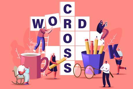 A cartoon of tiny people with a giant mug of tea and pot of pencils, arranging building blocks to spell cross and word