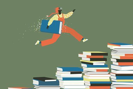 An image showing a student jumping over books