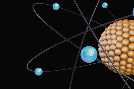 A 3D rendered model of an atom, with a gold-coloured nucleus and blue electrons