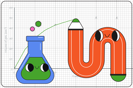 A cartoon conical flask watches with a smile as a smiling cartoon pencil draws a graph on graph paper