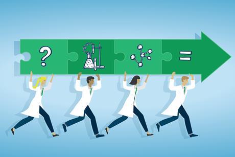 A cartoon of school students wearing lab coats carrying pieces of a jigsaw showing the elements of a practical chemistry investigation