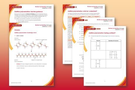 Previews of the Review my learning: addition polymerisation teacher guidance and scaffolded student sheets