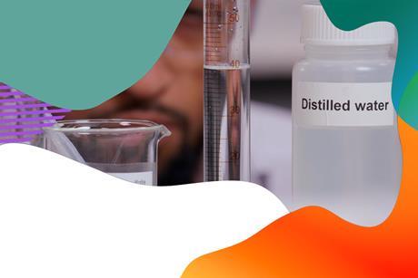 Rates of reaction equipment showing a man looking at a measuring cylinder, with a beaker to one side and a bottle of distilled water to the other. There is a colourful border around the edge of the image