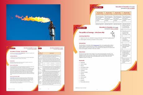 Composite image showing an oil terminal flaring off gas and the politics of energy structure strip student sheet and teacher notes.