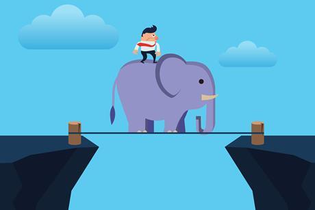 An illustration showing a student riding an elephant across a tightrope