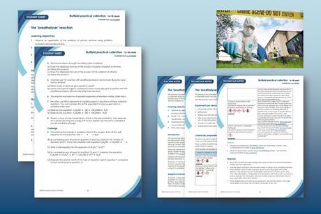 Previews of the Breathalyser reaction student worksheet, teacher and technician notes, and a crime scene technician on a blue background