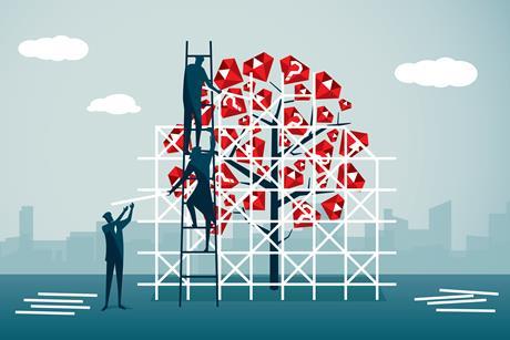 A cartoon of people taking scaffolding away from a tree