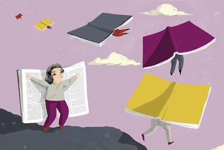 A cartoon of people flying away with giant books for wings