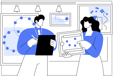 A cartoon of a teacher showing a researcher a chemistry drawing