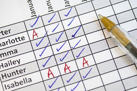Close up on a class register with one student showing as persistently absent
